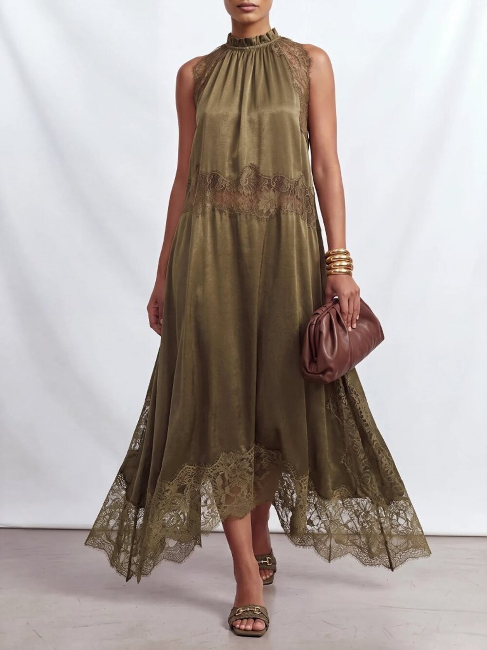 Dark Green Elegant Women's Lace Patchwork Split Hem Dress - Picture 7 of 8